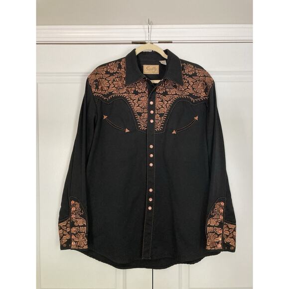 Scully Western Shirt Mens Large Black Brown Embroidered Floral Long Sleeve Snap